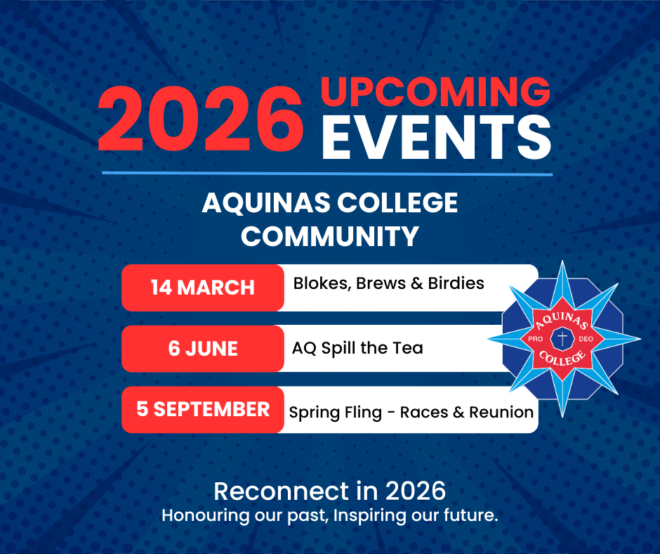 Poster promoting upcoming Aquinas College Community events in 2026.