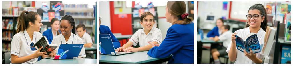 Three images of students studying and reading in the library.