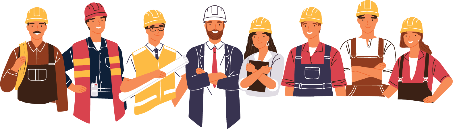 Graphic depicting eight construction workers with hard hats